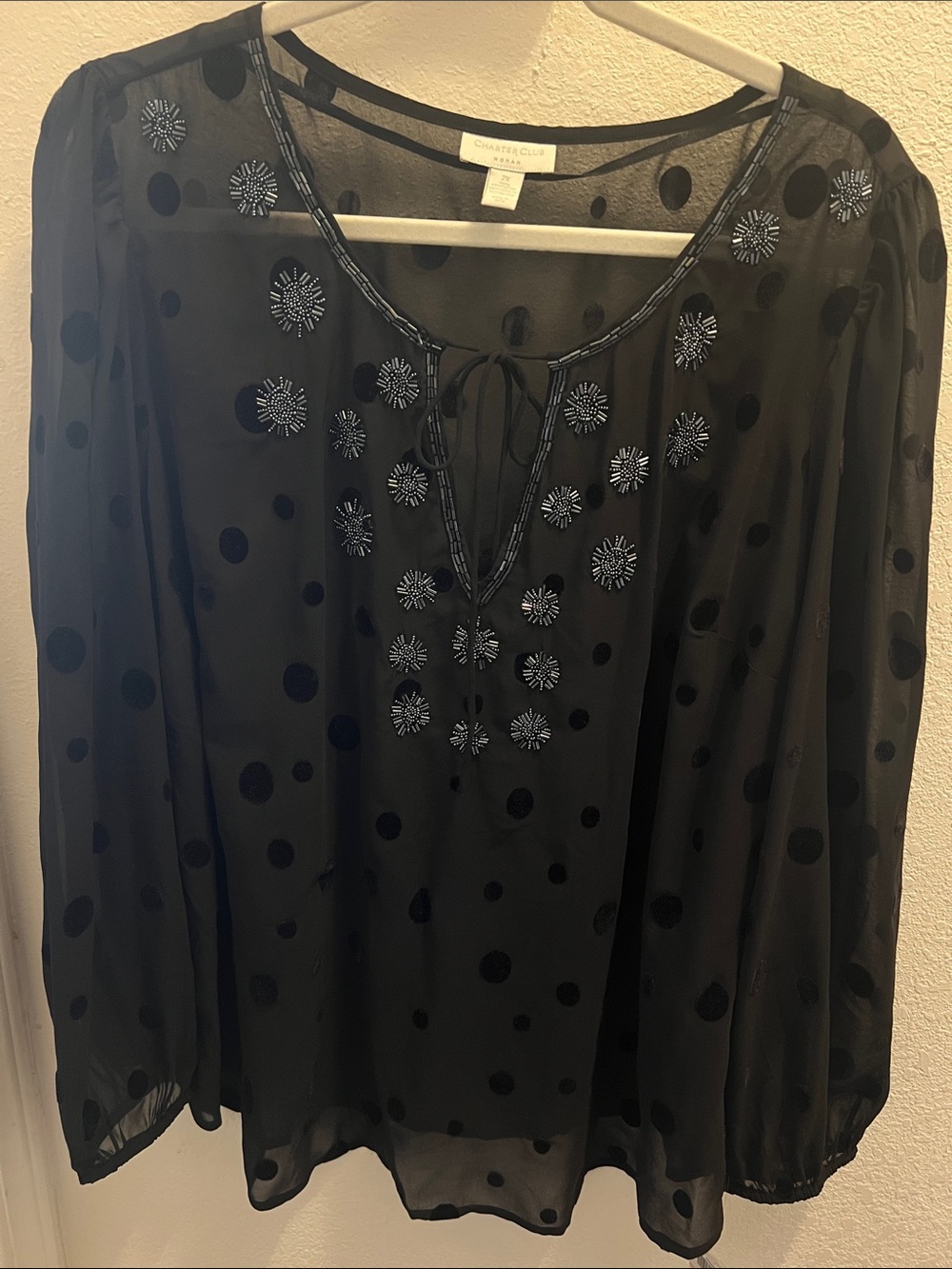 Charter Club Black Sheer Polka Dot Blouse with Embroidered Accents